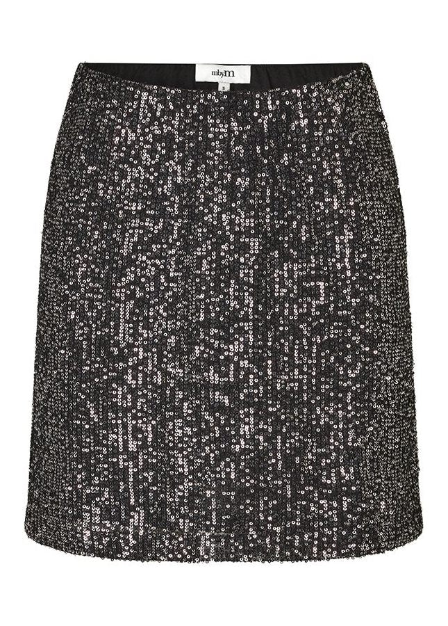 Minirok met pailletten van het merk mbyM. De korte zwarte rok heeft een elastische tailleband, pailletten en een mini lengte. Combineer de rok met een fijne gebreide trui voor een casual chique look of combineer de rok met de bijpassende zwarte paillettentop. Shop zwarte en blauwe pailletten rokken bij Boetiek Aniek.